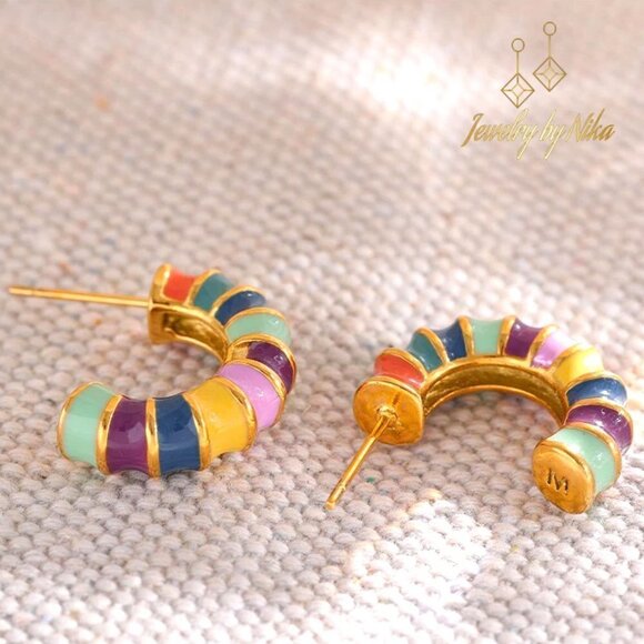 NEW 14K Yellow Gold Multicolor Enameluxe Boho Unique Hoop Luxury Stud Earrings - Picture 5 of 15